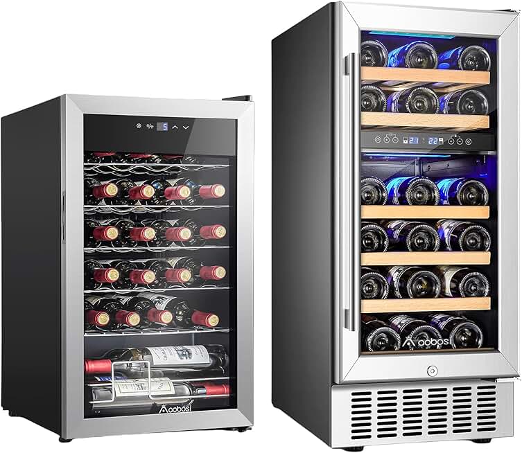 AAOBOSI 28 Bottles Wine Fridge, 15 Inch Dual Zone Wine Cooler, 17 Inch Wine Refrigerator Small with LED Di