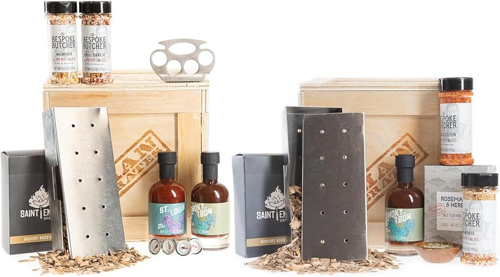 Man Crates Grill Master & Hickory Grilling Crates Bundle - Wood Chips, Smoker Box, Thermometer, Tenderizer, Sauce and Rubs - Stainless Steel Smoker Box, Dried Hickory Wood Chips, BBQ Sauce, BBQ Rubs