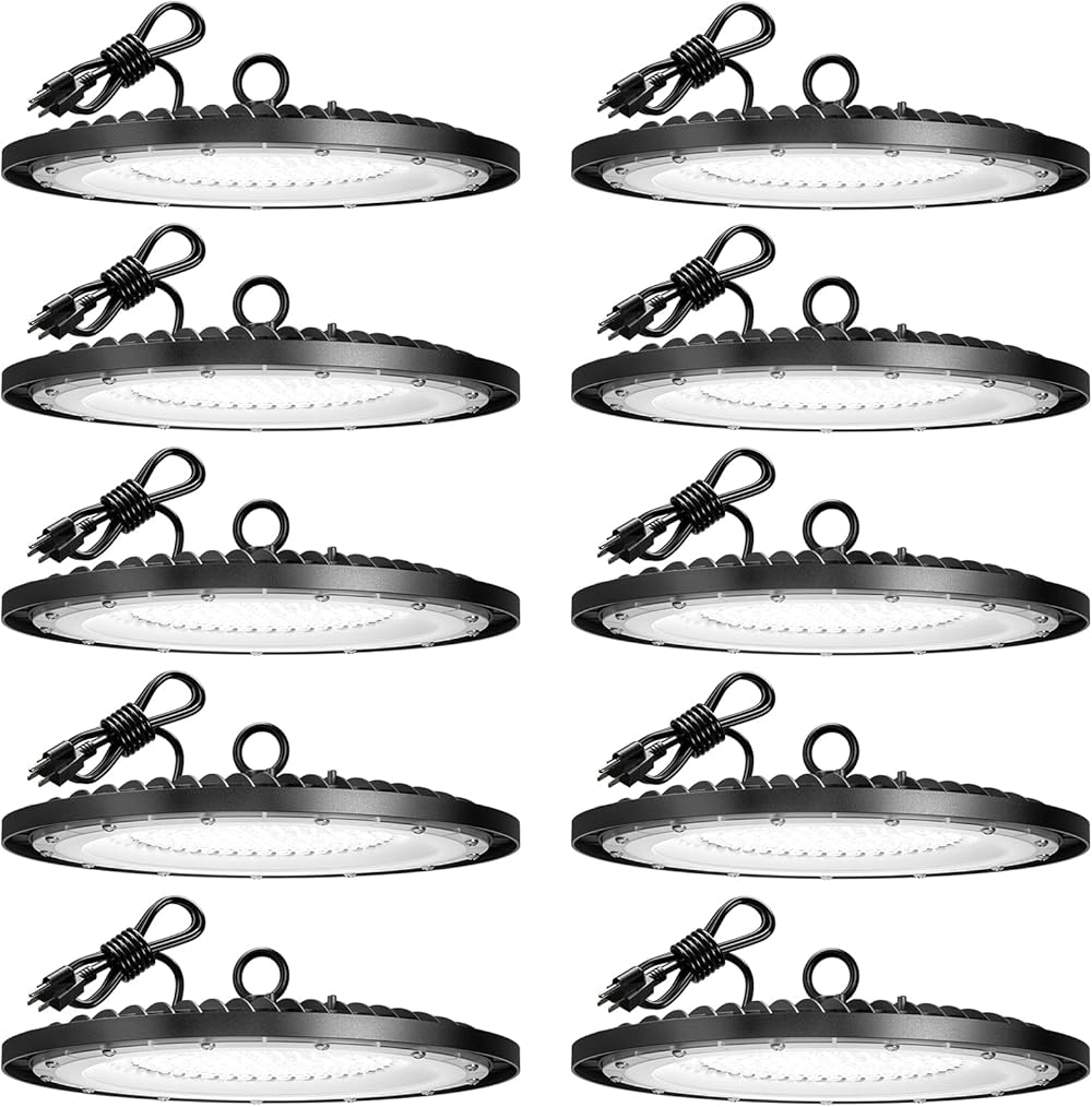 10 Pack LED High Bay Light 150W 21,000lm 5000K UFO LED High Bay Shop Light with UL Listed US Hook 5' Cable Alternative to 650W MH/HPS for Commercial Bay Lighting Fixture