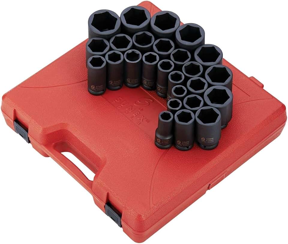 SUNEX TOOLS 4693 3/4-Inch Drive Metric Deep Impact Socket Set, 26-Piece