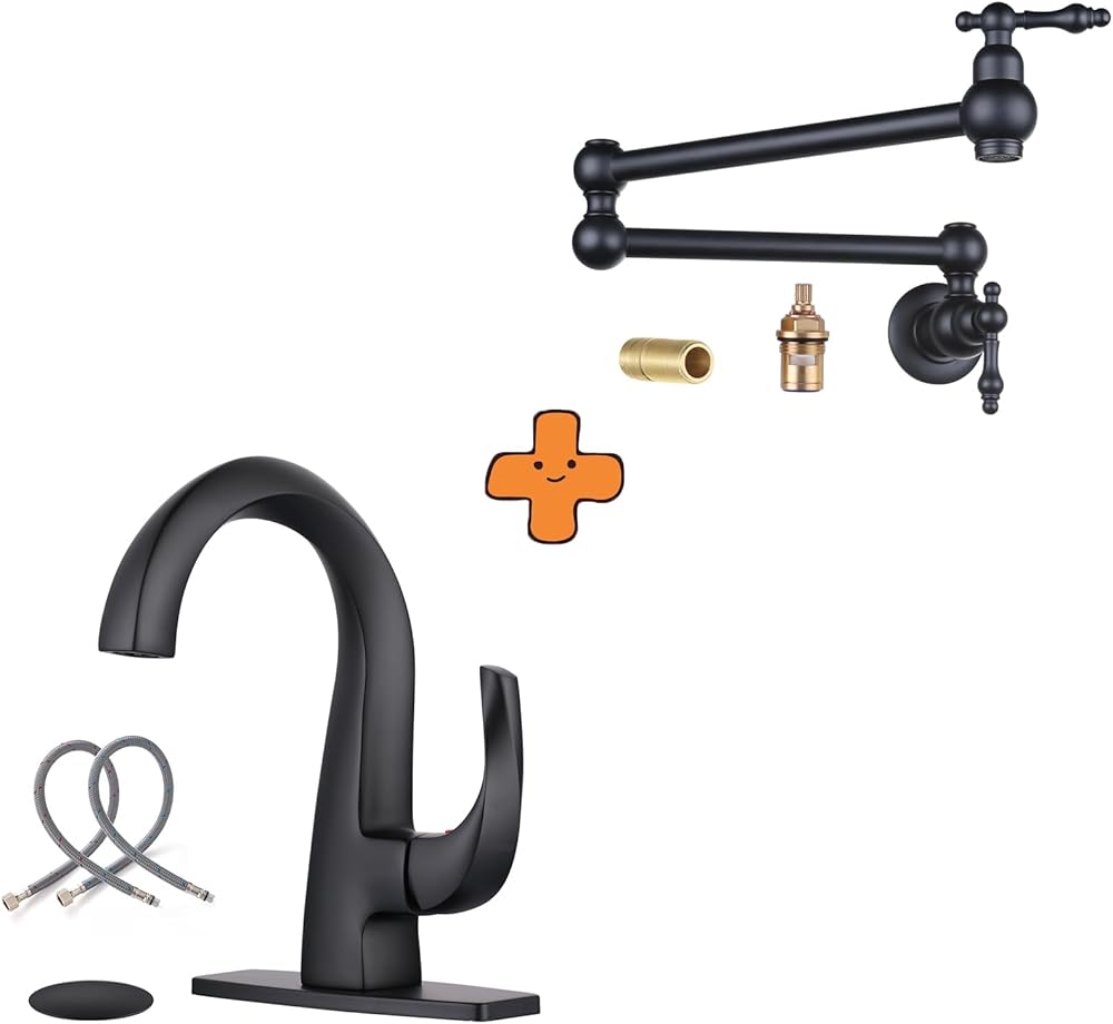 Single Handle Bathroom Faucet, Matte Black, 1 Hole and Pot Filler Wall Mount Copper Faucet Matte Black Pot Filler Faucet Rotatable Faucet