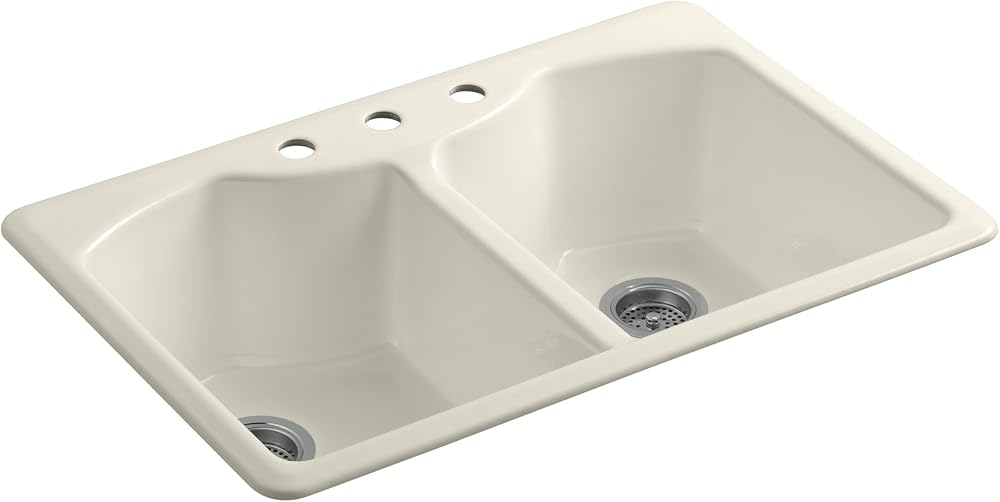 KOHLER K-6482-3A4-47 Bellegrove Double Bowl Top-Mount Kitchen Sink with Three Hole Drillings, Almond