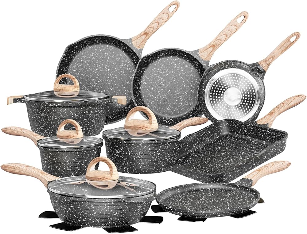JEETEE Pots and Pans Set Nonstick 23pcs, Healthy Kitchen Cookware Sets, Induction Cooking Set W/Gray Granite Stone Frying Pans, Saucepans, Sauté Pan, Griddle Pan & Crepe Pan (PFOA Free)