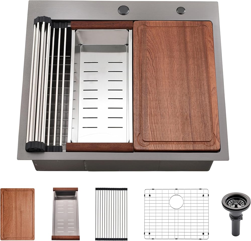 25 Black Drop In Kitchen Sink Workstation -HACHENL 25x22 Inch Topmount Kitchen Sink 16 Gauge Kitchen Sink Black Stainless Steel Kitchen Sink With Cutting Board