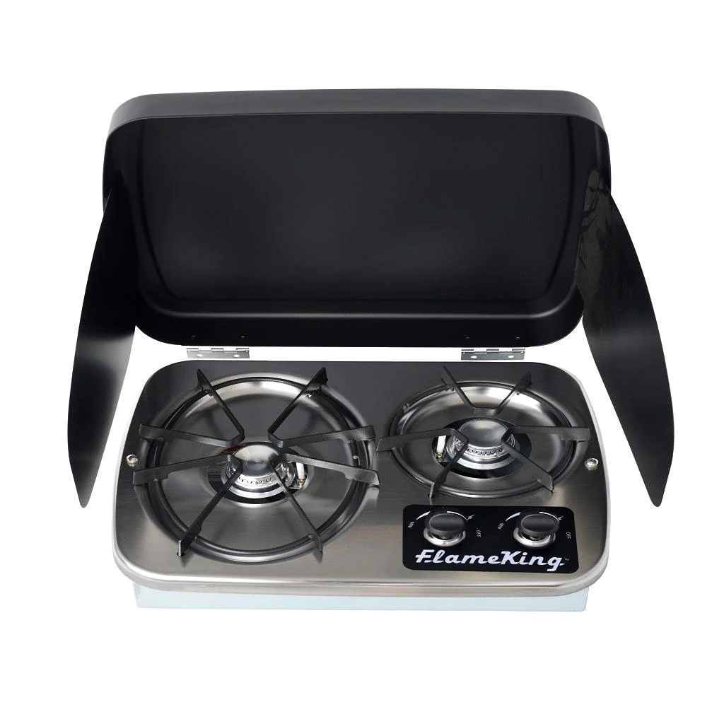 Flame King 2 Burner Built-In RV Trailer Stove with Wind Shield