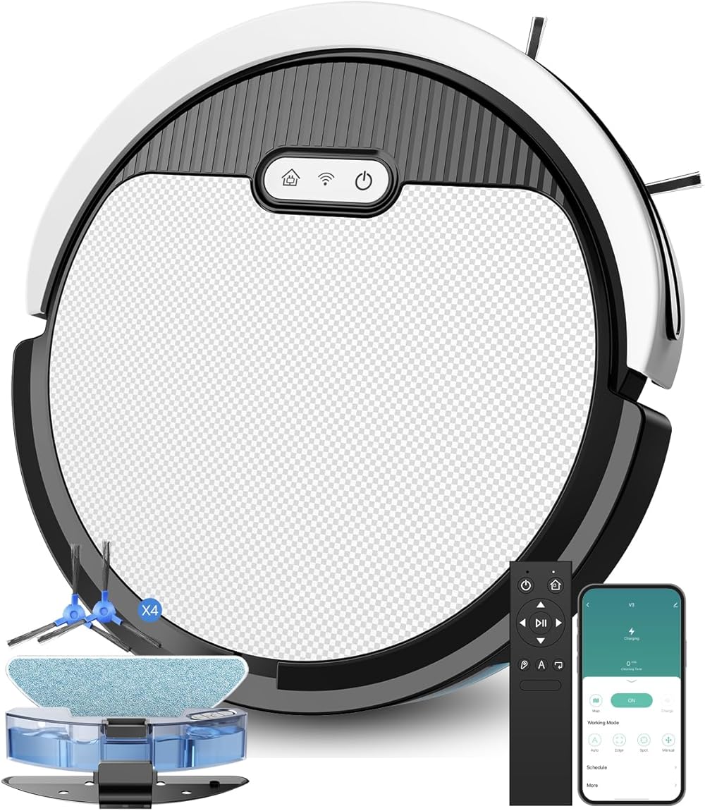 Robot Vacuum, Robot Vacuum and Mop with Schedule Cleaning, 5000Pa Strong Suction, WiFi/Alexa/App/Remote Control, Quiet, Automatic Self-Charging, Ideal for Pet Hair, Hard Floor and Carpet
