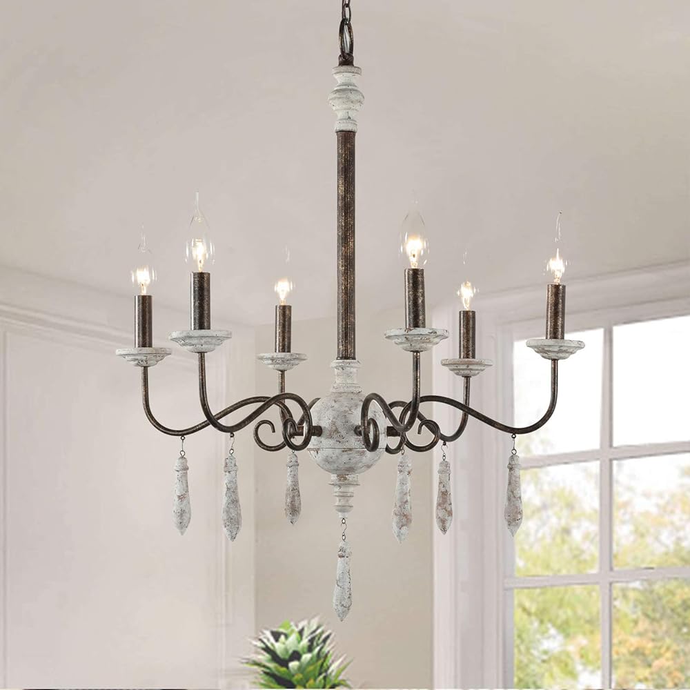 French Country Chandelier for Dining Room,6-light Wood Candle Chandelier with Distressed White Drop Pendant,Rusty Gold Metal 6 lights Arms