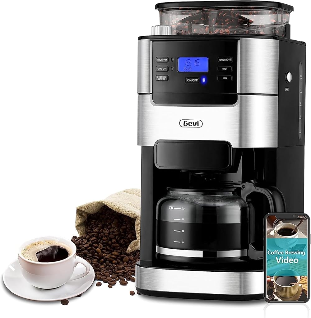 Gevi 10-Cup Coffee Maker with Grinder, Programmable Grind & Brew, 1.5L Water Reservoir, Keep Warm Plate Coffee Machine and Burr Grinder Combo