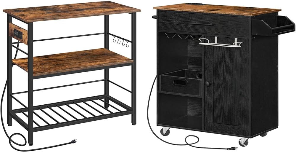 HOOBRO Kitchen Island with Storage and Rolling Kitchen Cart Bundle, Kitchen Island Table with Power Outlet, 3 Tier Coffee Station and Microwave Stand, for Home and Kitchen BF021ZD01-BF90UZD01