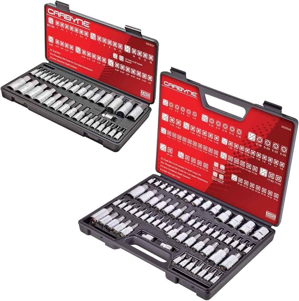 CARBYNE 62 Piece Master Torx Bit Socket Set & Torx External Socket Set AND 33 Piece Master Hex Bit Socket Set. 2 Sets. 95 Pieces - Torx & Hex Bit Sockets.