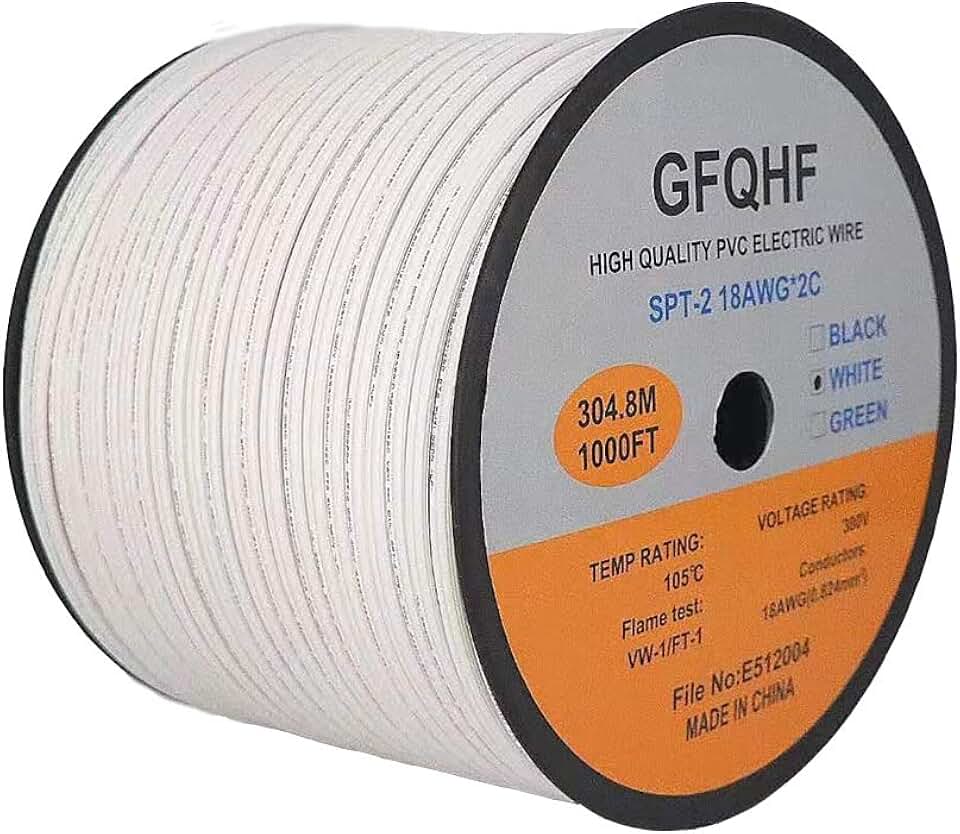1000FT White SPT-2 Zip Cord Wire 18/2 Extension Electrical Cable, UL Listed 18 Gauge Wire, Work with SPT-2 Vampire Plug
