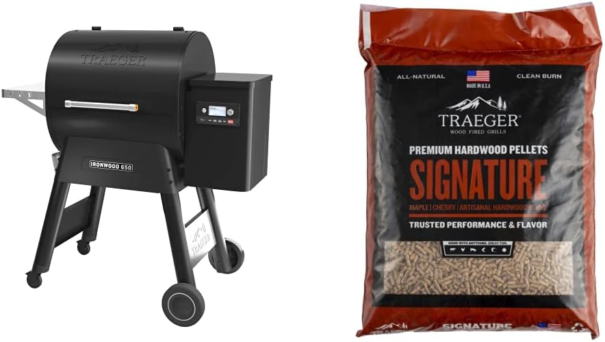 Traeger Grills Ironwood 650 Wood Pellet Grill and Smoker Black & PEL331 Signature Blend 100% All-Natural Hardwood Pellets - Grill, Smoke, Bake, Roast, Braise, and BBQ (20 lb. Bag)