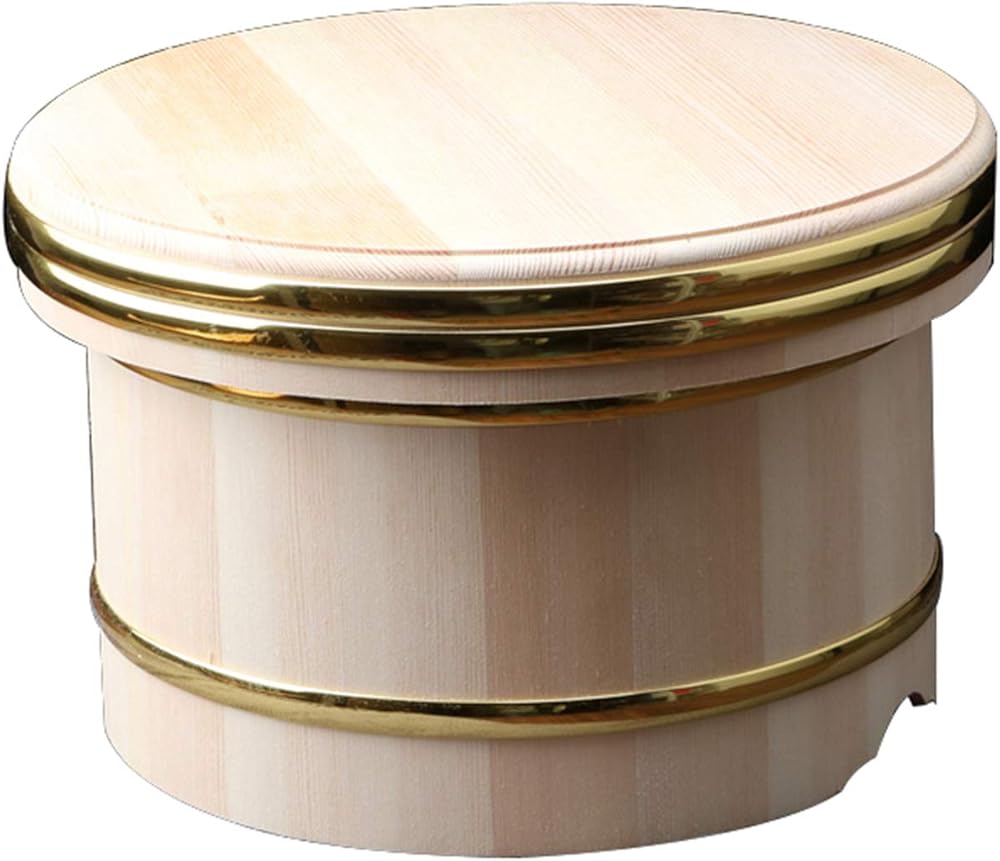 Large Wooden Sushi Rice Bowl with Lid, Hangiri Sushi Oke Sushi Rice Mixing Tub with Copper Banding Restaurant Sushi Accessory,33cm