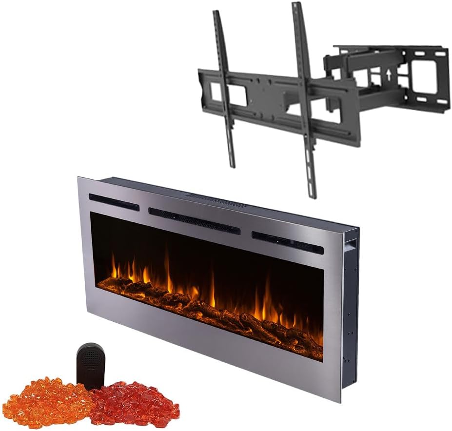 Touchstone Fireplace and TV Mount Bundle - Sideline Deluxe™ 50 Inch Wide Stainless Steel Electric Fireplace w/Fire Crackle Speaker/Red&Orange Crystal Accessories and Full Motion TV Wall Mount Bracket