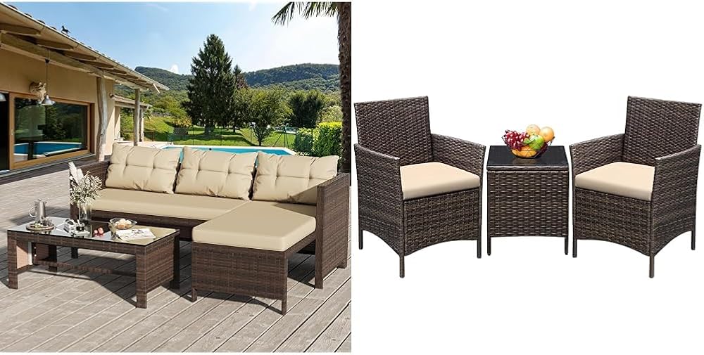 Shintenchi 3-Piece Wicker Patio Sectional Set with 2 Greesum Wicker Patio Chairs and Glass Table Outdoor Furniture Set