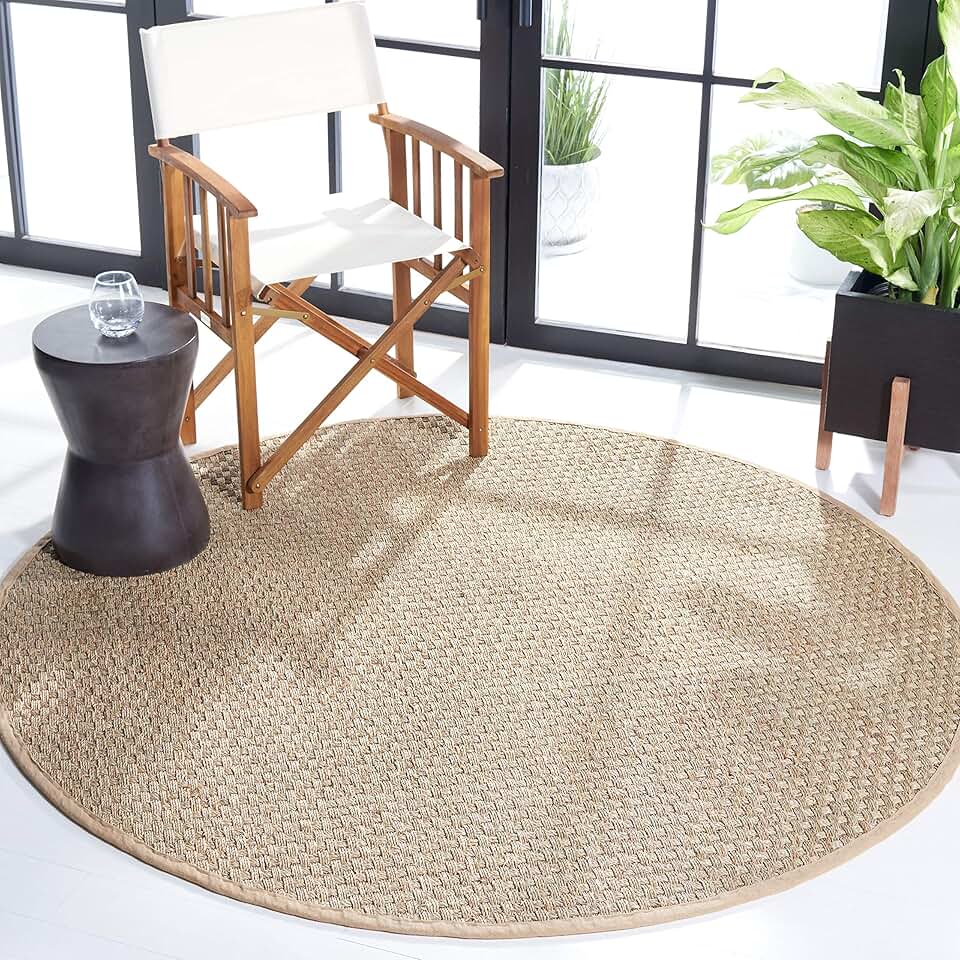 SAFAVIEH Natural Fiber Collection Area Rug - 8' Round, Natural & Beige, Border Basketweave Seagrass Design, Easy Care, Ideal for High Traffic Areas in Living Room, Bedroom (NF114A)