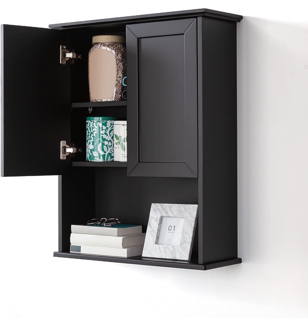 Bathroom Wall Cabinet Black Wall Mounted Wood Medicine Cabinets, Over Toilet Storage Cabinet with 2 Doors, Adjustable Shelf, Soft Hinge Wall Hanging Cabinet