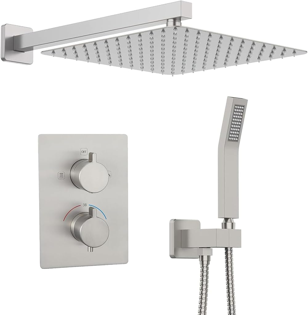 Achieve Perfect Temperature Control: Thermostatic Shower System with 12 Inch Rainfall Shower Head and Handheld Sprayer - Complete Bathroom Set in Brushed Nickel
