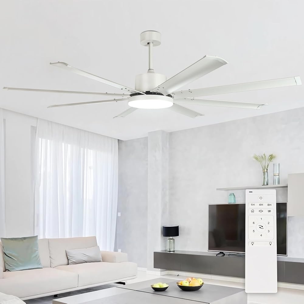 72 Inch Ceiling Fan: White Large Fan Ceiling Fixture with Remote - 8 Aluminum Blades Modern Fan Light for Outdoor Covered Patio Lobby Living Room Indoor - 6 Speeds 3 Color Change