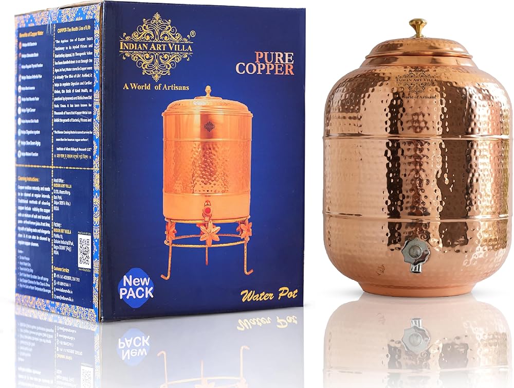 Indian Art Villa Handmade Pure Copper Water Dispenser, Storage Pot Tank|for Kitchen, Home usage 338 OZ