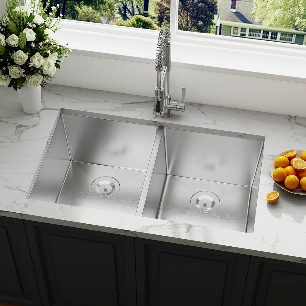 32” Inch Double Bowl Kitchen Sink, Undermount 50/50 Stainless Steel 16 Gauge 304 Spacious Double Bowl Sinks, Accessories Included, L 32” x W 19” x D 10”