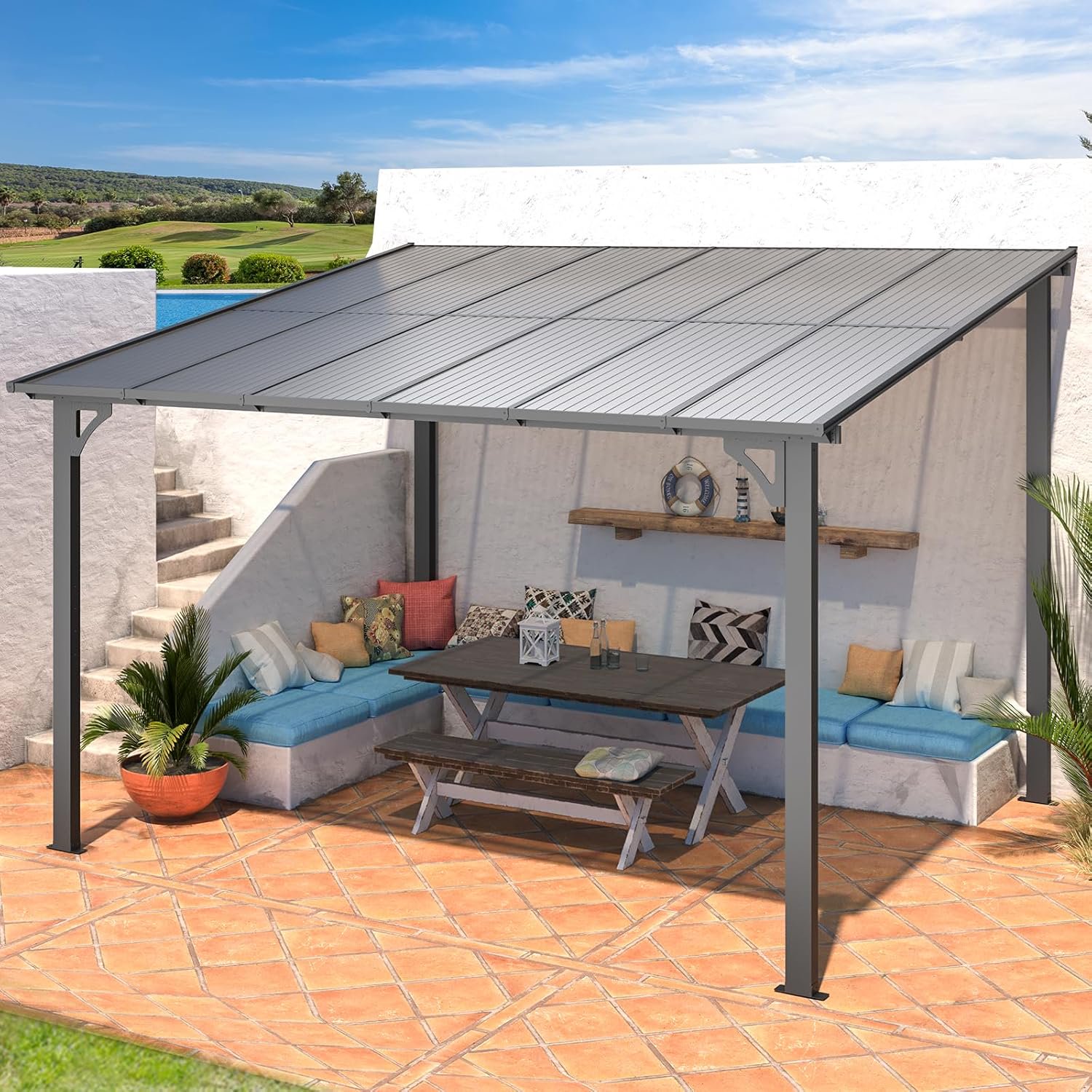 12' x 14' Outdoor Pergola Gazebo, Wall-Mounted Lean to Metal Awnings Gazebos on Clearance for Patio, Large Panel Roof Pergolas and Gazebo for Outdoor Use