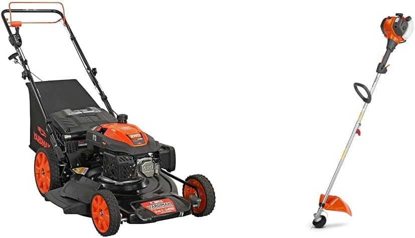 YARDMAX 22 in. 201cc 6 Speed CVT High Wheel RWD 3-in-1 Lawn Mower Bundle with Husqvarna 128LD 28-cc 17-in Straight Shaft Grass Trimmer