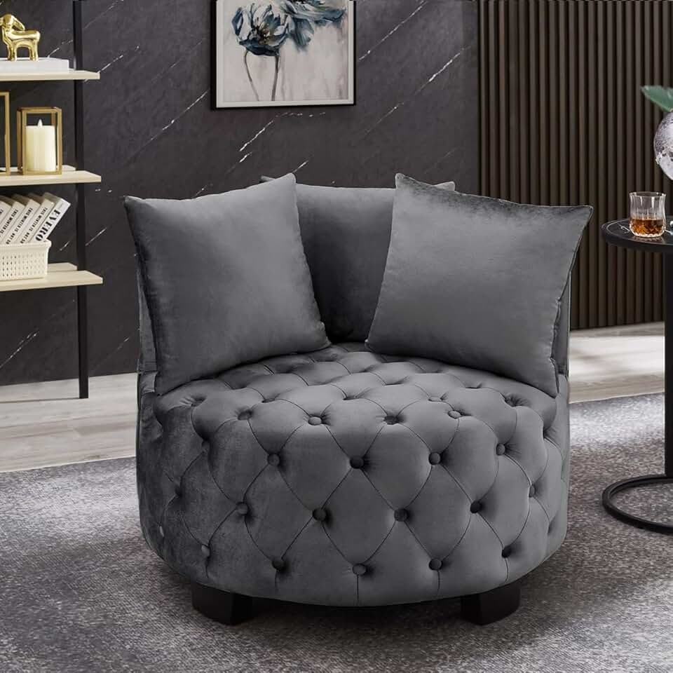 24KF Contemporary Upholstered Tufted Leisure Chair Accent Chair, Sofa Lounge Club Round Chair for Living Room Hotel with 3 Pillows 7022-Dark Gray