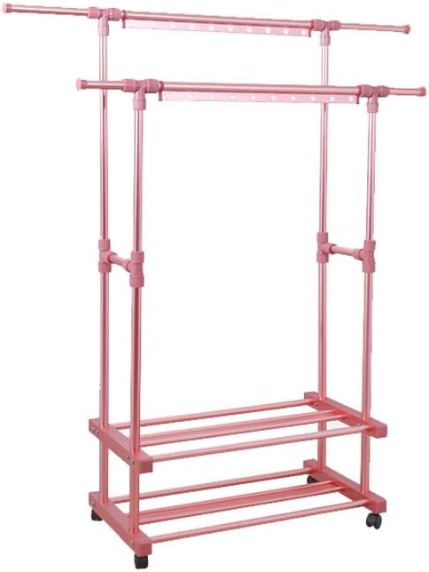 Coat Rack Hanger for Drying Floor-to-Ceiling Household Bedroom Balcony Small Drying Rack Lifted Lowered Clothes Hangers Telesbar Movable Drying Hanger Sturdy Durable/Pink