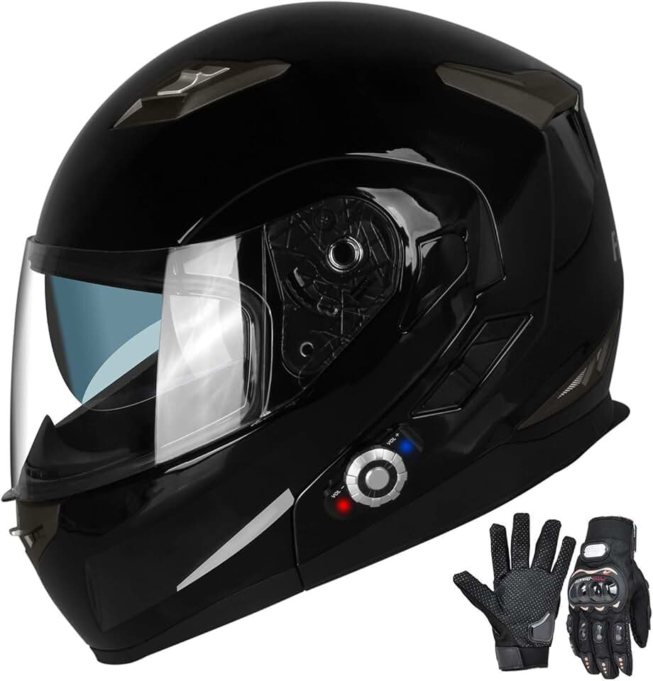 FreedConn Motorcycle Bluetooth Helmet,Bluetooth Integrated Modular Flip up Full Face Motorcycle Helmet,Dual Visor Modular Bluetooth Helmet,DOT Approved Helmets with Gloves(Gloss Black,X-Large)