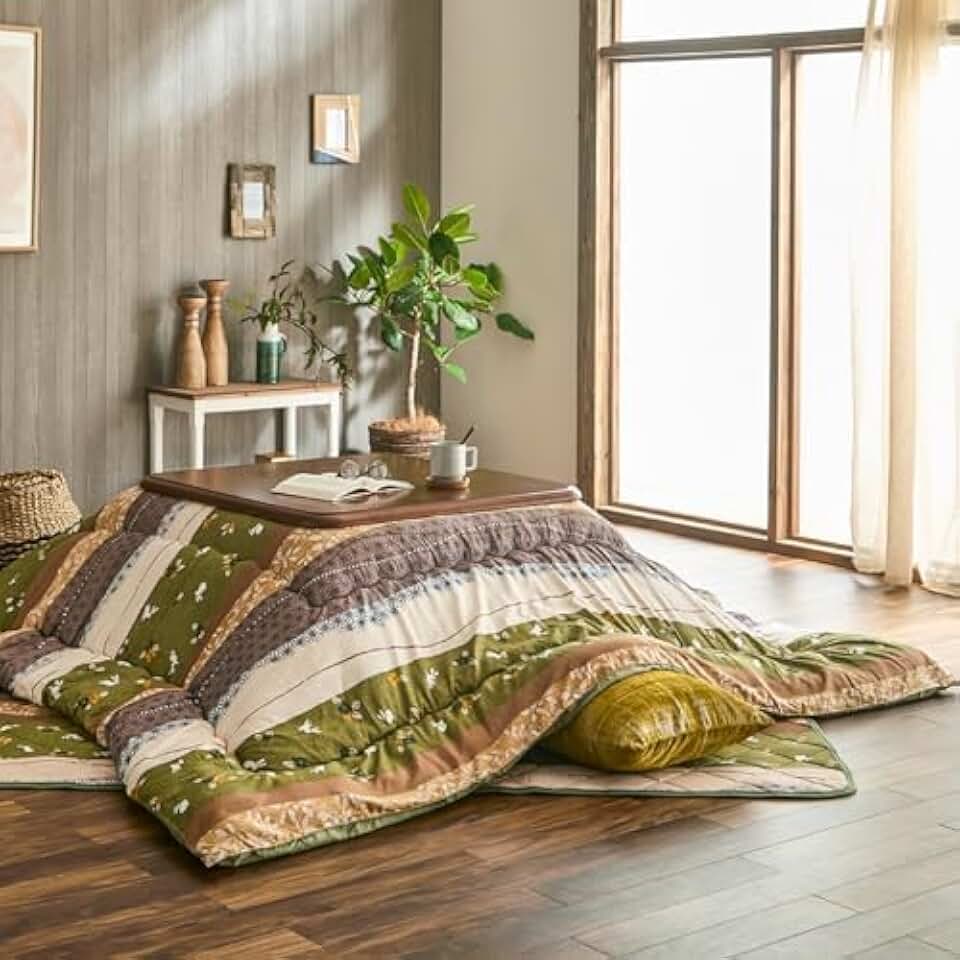 IKEHIKO Kotatsu Futon & Mat Set Comforter, Fluffy Premium Cotton, Green Square Rectangle Shape Heater Blanket Table, Japanese Craftsman, Made in Japan 2378 (Futon:205×205cm & Mat:190×190cm)