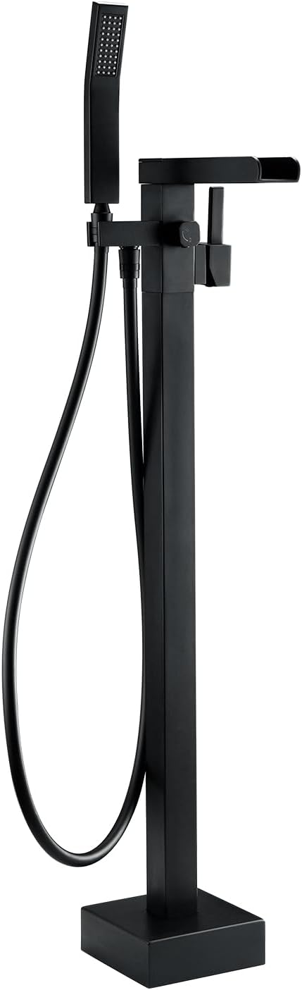 BAGNOLUX Freestanding Bathtub Faucet Tub Filler Floor Mount Bathroom Faucets Brass Single Handle with Hand Shower (Waterfall Style B, Matte Black)