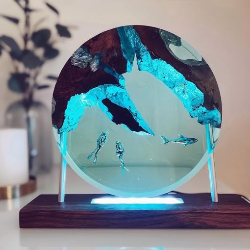 Round Lights with Sharks and Divers, Cave Sharks and Diver Resin Ornament Wood Lamp, Decorations Marine Art Night Light Desk Lamp, Ocean Theme Diorama (Round 6 inch)