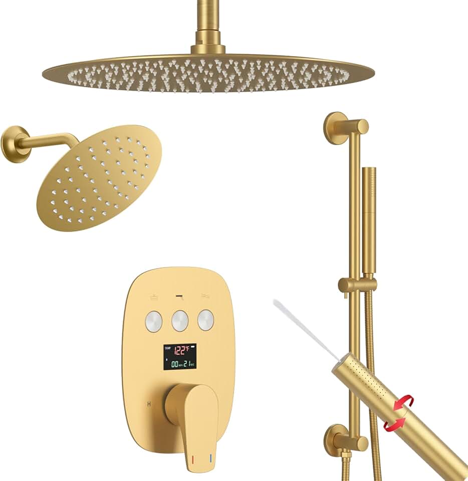 12Inch Brushed Gold Ceiling Shower System & 8Inch Wall-Mount Shower Faucet Set, 2 in 1 Handheld with Adjustable Slide Bar Included Temperature Display Valve and Trim Kit Can Work At Once