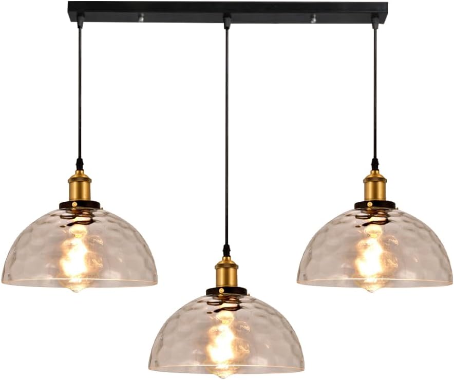 Vintage 3-Light Cluster Pendant Light Dome Glass Hanging Lamp Dining Table Chandelier Ceiling Lamps Hammered Glass Ceiling Swag Lights for Kitchen Island Restaurant