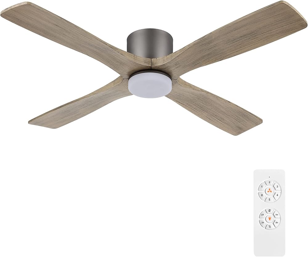 WINGBO Ceiling Fan, 54 Inch, 6-Speed DC Motor, Flush Mount, 4 Reversible Carved Wood Blades, Graphite Finish, LED Light Kit, Remote Control, ETL Listed