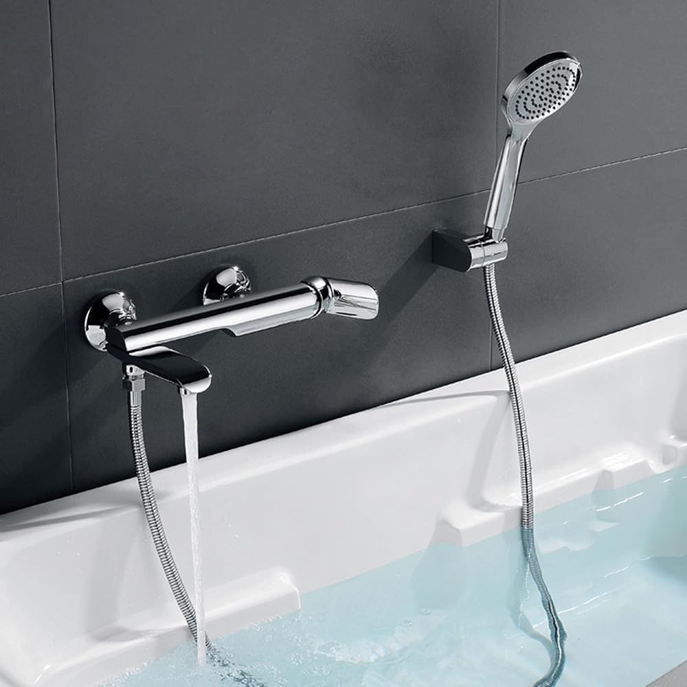 Round Bathtub Shower Faucet Set, Wall Mounted Bathroom Single Handle Mixer Tap, 90°Rotation Shower Tap, All Copper Tub Faucet with Handheld Shower, Chrome,B