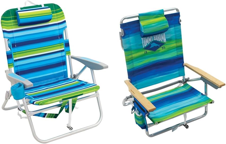 Rio Beach Big Boy Folding 13 Inch High Seat Backpack Beach or Camping Chair, Aluminum & Tommy Bahama 5-Position Classic Lay Flat Folding Backpack Beach Chair, Blue and Green Stripe, 23