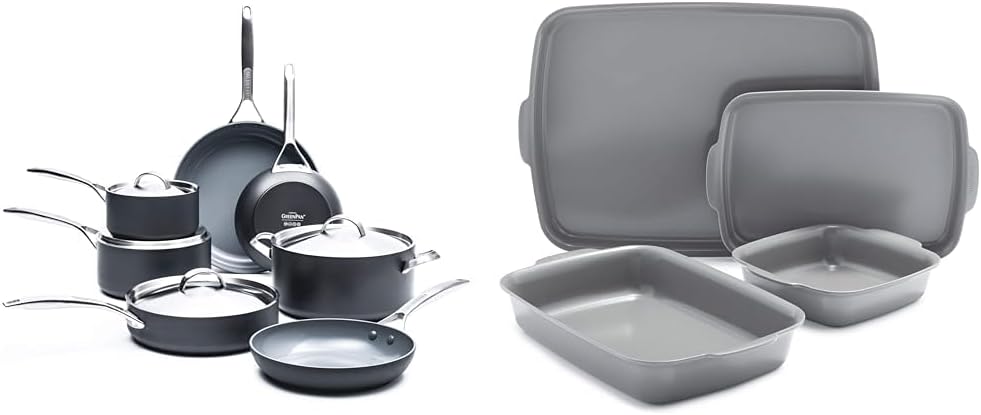 GreenPan Paris Pro Hard Anodized Healthy Ceramic Nonstick & Premiere Ovenware Healthy Ceramic Nonstick 4-Piece Warp-Free Bakeware Set, Rectangular and Square Baking Pan, Quarter/Half Sheet
