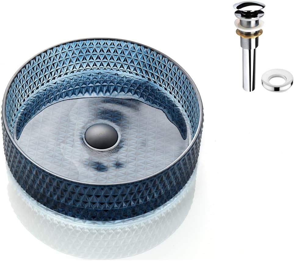 SKY Diamond Crystal Glass Vessel Sink In blue Top Mount Sinks Above Countertop | Vanity Countertop Sink Bowl with Pop Up Drain |FW-LA616