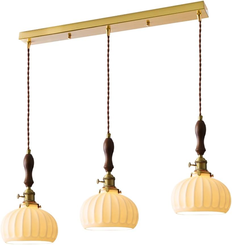 Modern 3-Light Cluster Pendant Lights Ribbed Ceramic Hanging Lamp Shade Brass Chandelier Dining Table Light Fixture Ceiling Swag Lighting Fixture for Kitchen Island Bedroom