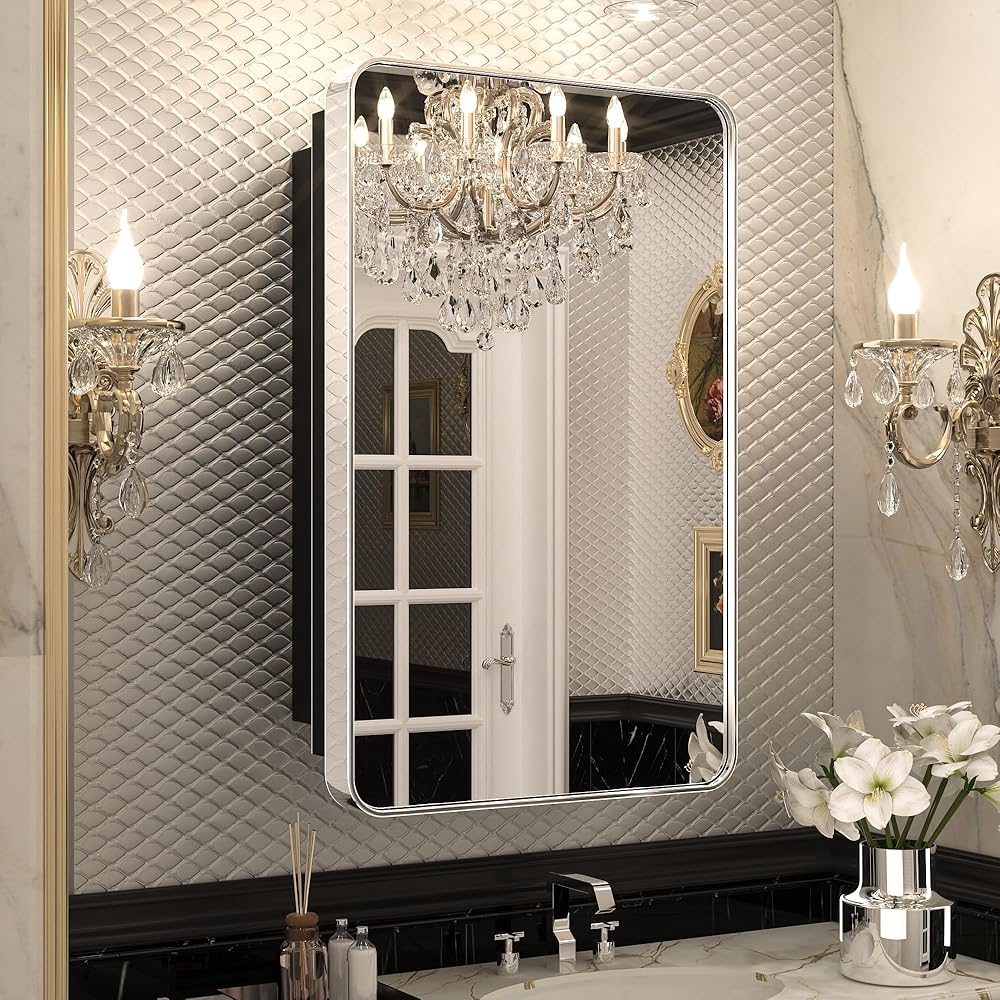 Keonjinn 20 x 32 Inch Chrome Medicine Cabinets for Bathroom with Mirror Adjustable Shelves Stainless Steel Framed Rounded Rectangle Single Door Surface Wall Mounted Silver Bathroom Storage Cabinet