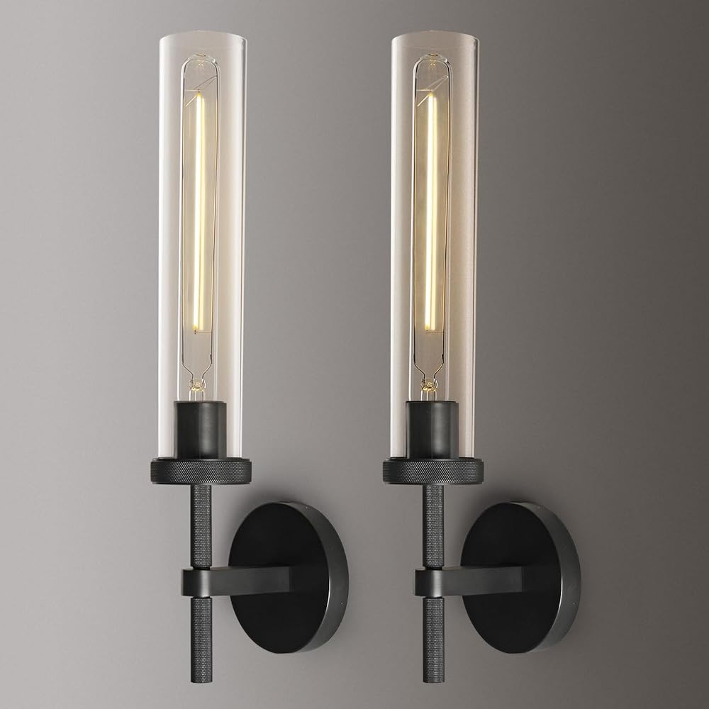 Modern Black Wall Sconces Bathroom Vanity Light Fixtures, Glass Tube Wall Sconces Set of Two, sconces wall lighting indoors, Wall Lights for Mirror, Living Room, Bedroom, Hallway (including bulb)