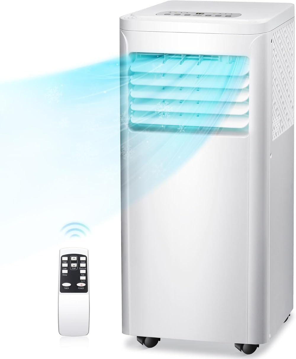 R.W.FLAME 8,000 BTU Portable Air Conditioner with Remote Control, Portable AC Unit for Room Up to 350 Sq.Ft, 3-in-1 Air Conditioner with Digital Display,24Hrs Timer,Installation Kit for Home, White
