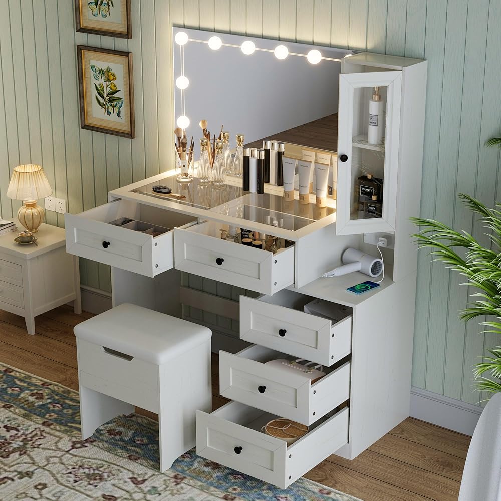 Farmhouse Mirror Large Vanity Desk with LED Bulbs, Makeup Vanity Table Set with Glass Tabletop, Charging Station & Power Outlet, Adjustable Lighting Modes, Bedroom, White