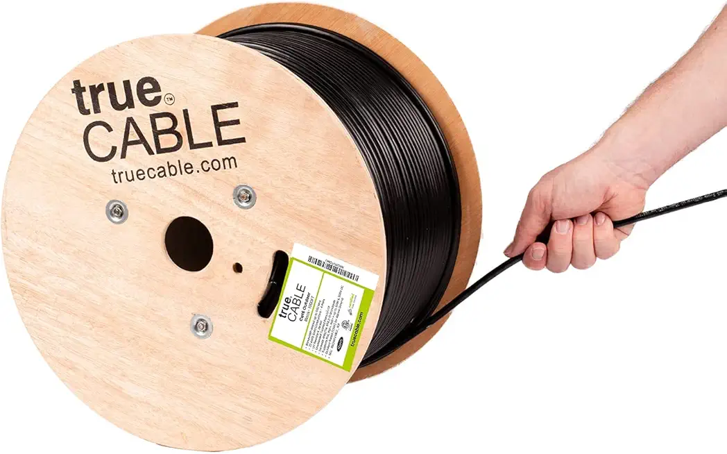 trueCABLE Cat6 Outdoor, Unshielded UTP, 1000ft, UV Resistant, Aerial CMX Rated, Black, 23AWG Solid Bare Copper, 550MHz, PoE++ (4PPoE), ETL Listed, Bulk Ethernet Cable