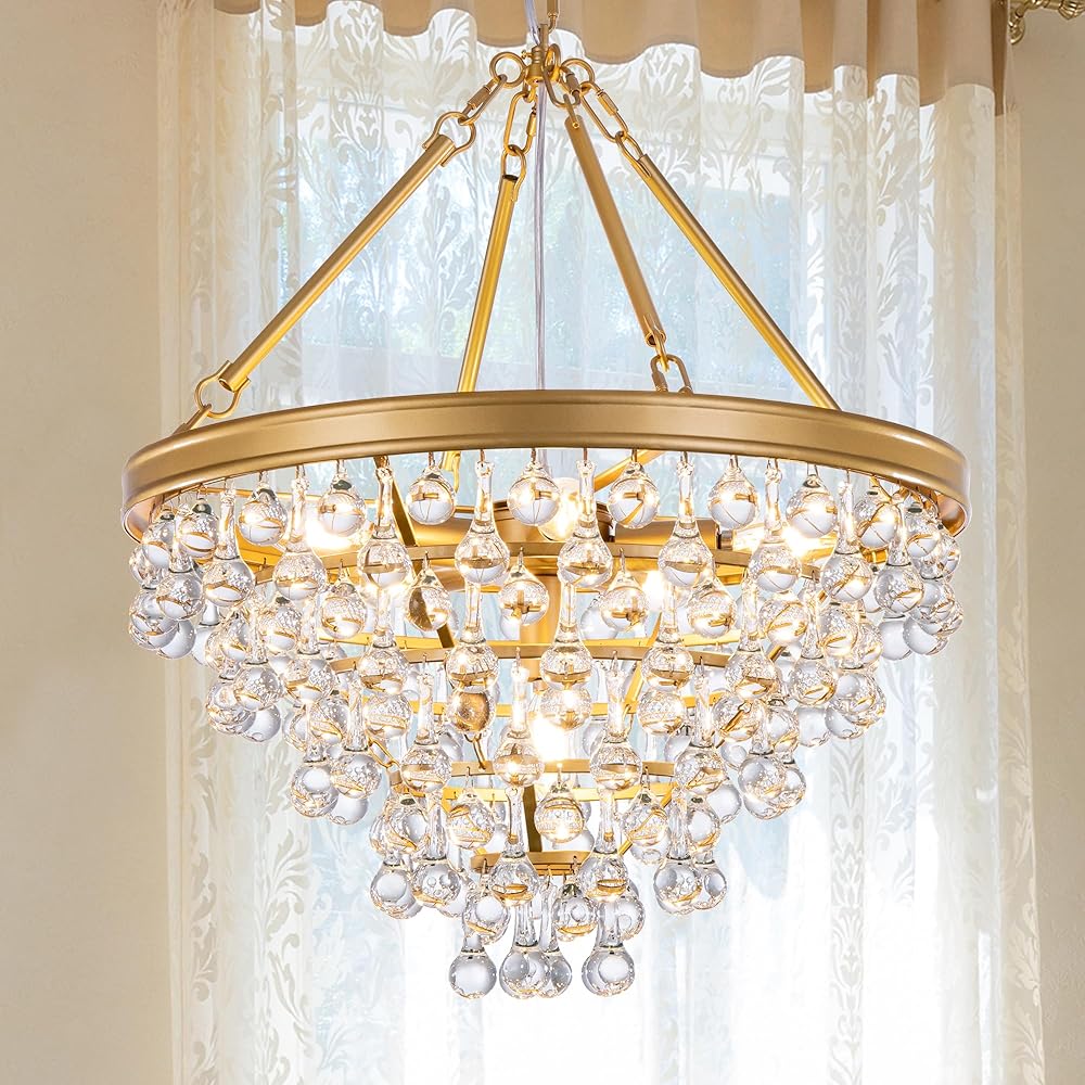 Wellmet Modern Crystal Chandeliers, 6 Lights Farmhouse Chandeliers for Dining Room, Gold Ceiling Light Fixture for Foyer, Bedroom, Living Room, Entryway, Kitchen Island, W-20 Inches
