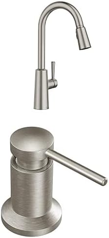 Moen 7402SRS Riley One-Handle Pulldown Kitchen Faucet Featuring Power Clean and Reflex, Spot Resist Stainless + Moen 3942SRS Deck Mounted Kitchen Soap Dispenser