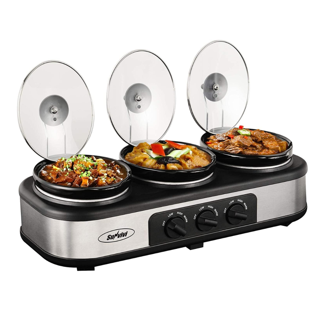 Sunvivi Triple Slow Cooker Buffet Server 3 Pot Food Warmer, 3-Section