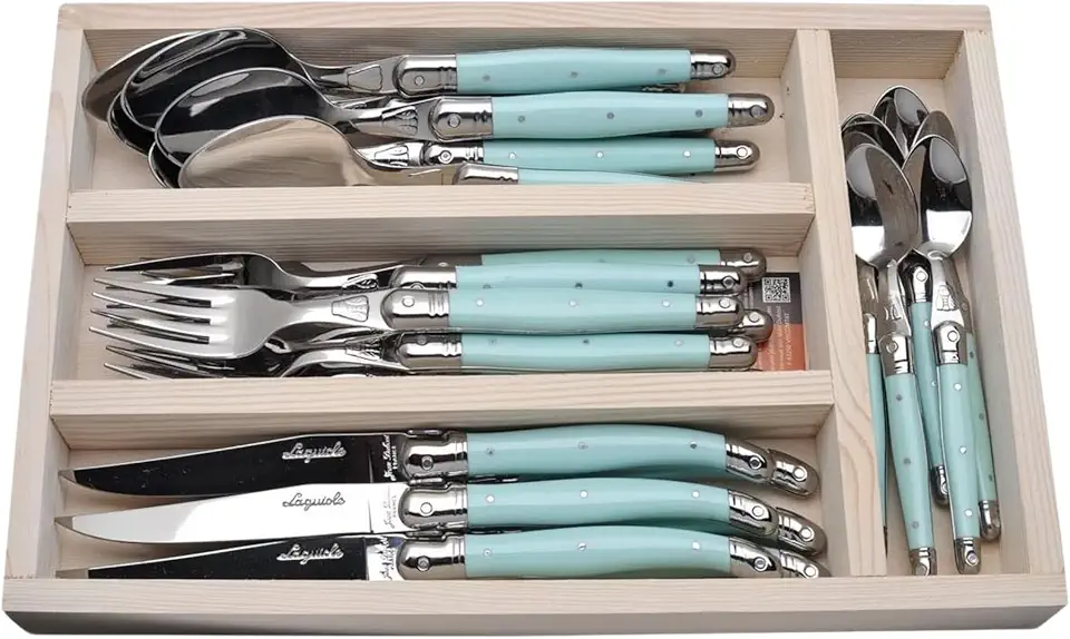 Jean Dubost Laguiole 24-Piece Everyday Flatware Set, Turquoise Handles - Rust-Resistant Stainless Steel - Includes Wooden Tray - Made in France